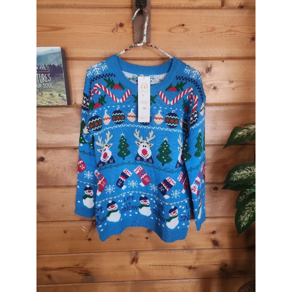 New Ugly Christmas Holiday Reindeer Snowman Let it Snow Sweater Blue Medium‎ V28
